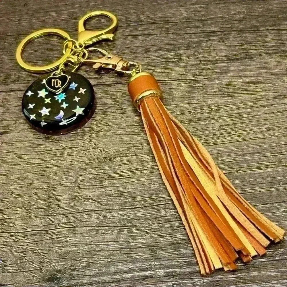 Hand Crafted Medallion Virgo Charm and Brown Tassel Gold Tone Keychain - Picture 2 of 2